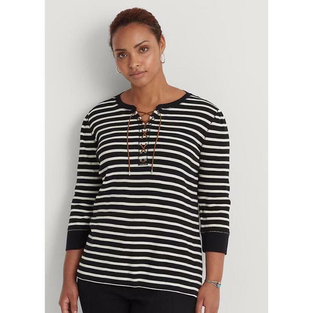 Ralph Lauren Woman Black/White Striped Lace-Up Waffle-Knit Top 1XL